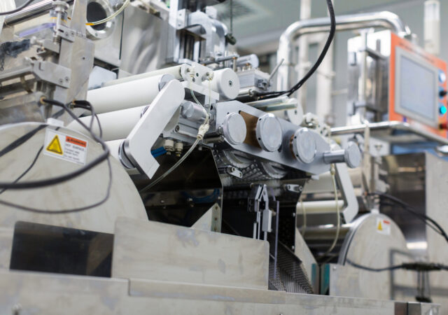 big steel chromed manufacture machine with shafts and computer control panel, from bellow