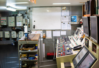 Ship or vessel engine control room ECR. Place to start engine